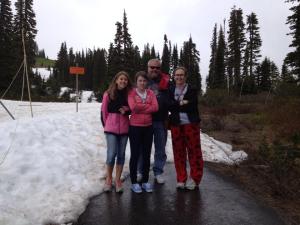 This is my family (minus my mom who's taking the picture) standing on part of a mountain in Washington in the snow in July. One of the coolest (literally that's why I'm wearing moose pants, I had to buy them) vacations ever.