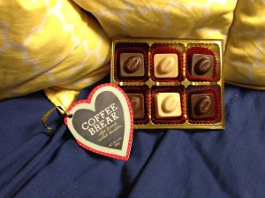 This was the most expensive, but best box of chocolate I picked. It looks like it has espresso bean in the top, but they aren't, it's just coffee flavored chocolate. I haven't tried the middle on because I'm not sure what it is, like if it's white chocolate or what. I think I might try that tomorrow. 